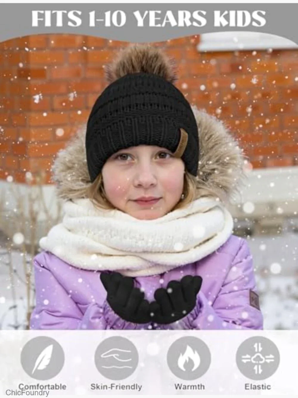 Kids Winter Pompom Hat and Gloves Set Fleece Lined Warm
